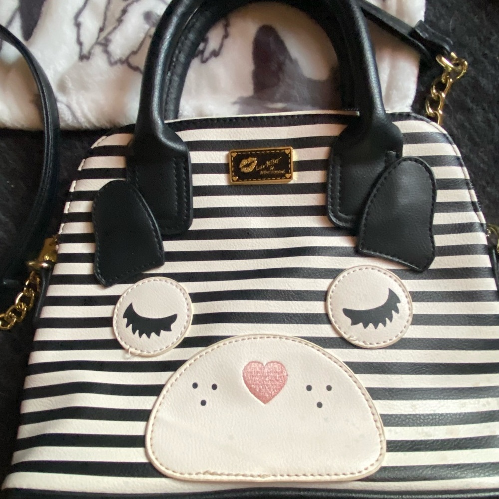 Betsey Johnson-Black and White Striped Handbag with Cute Face Design